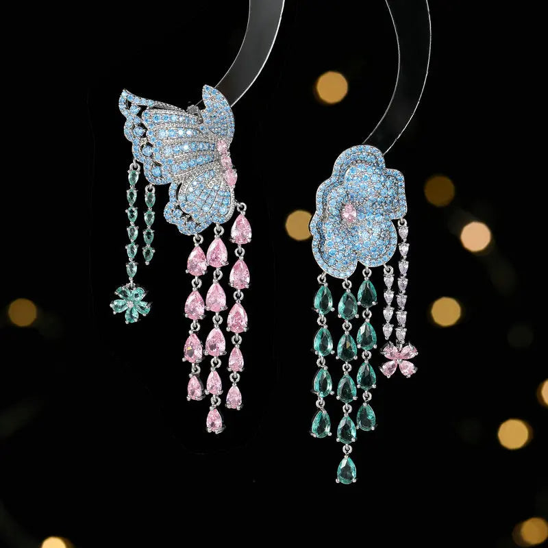 Bilincolor Luxury Zircon Butterfly Flower Tassel   Earrings for Wedding or Party