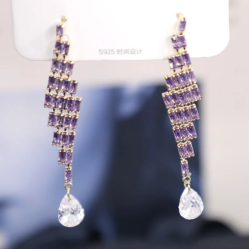 Bilincolor Korean Version  Purple  Ziron Tassel Earrings for Women