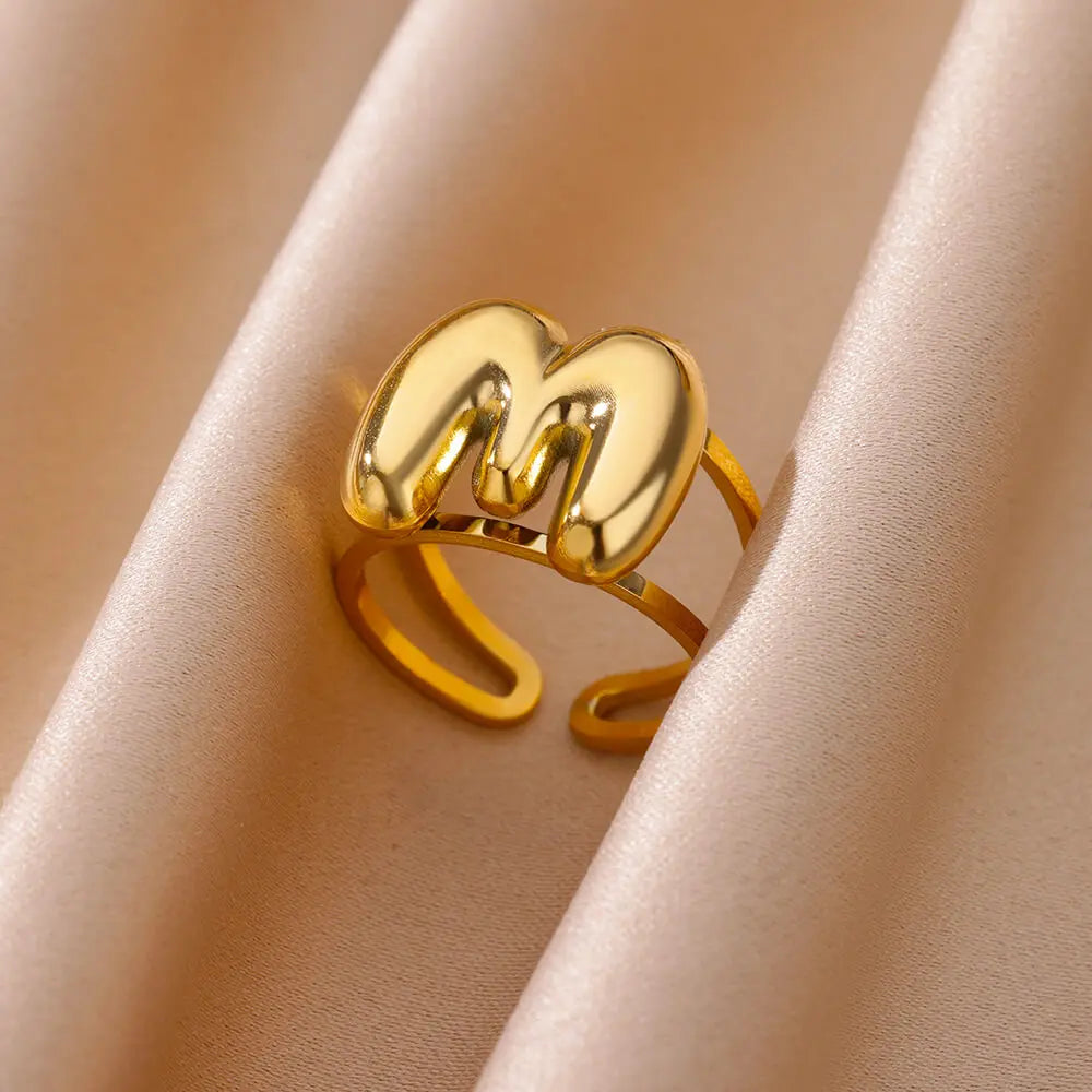 Initials Rings for Women Gold Color Stainless Steel Ring 2024 Trend Opening Couple Band Alphabet Letter Jewelry anillos mujer