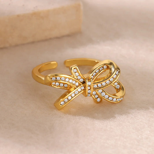 Zircon Bow-knot Rings for Women Gold Color Stainless Steel Ring 2024 Trend Wedding Jewelry Finger Accessories freeshiping items