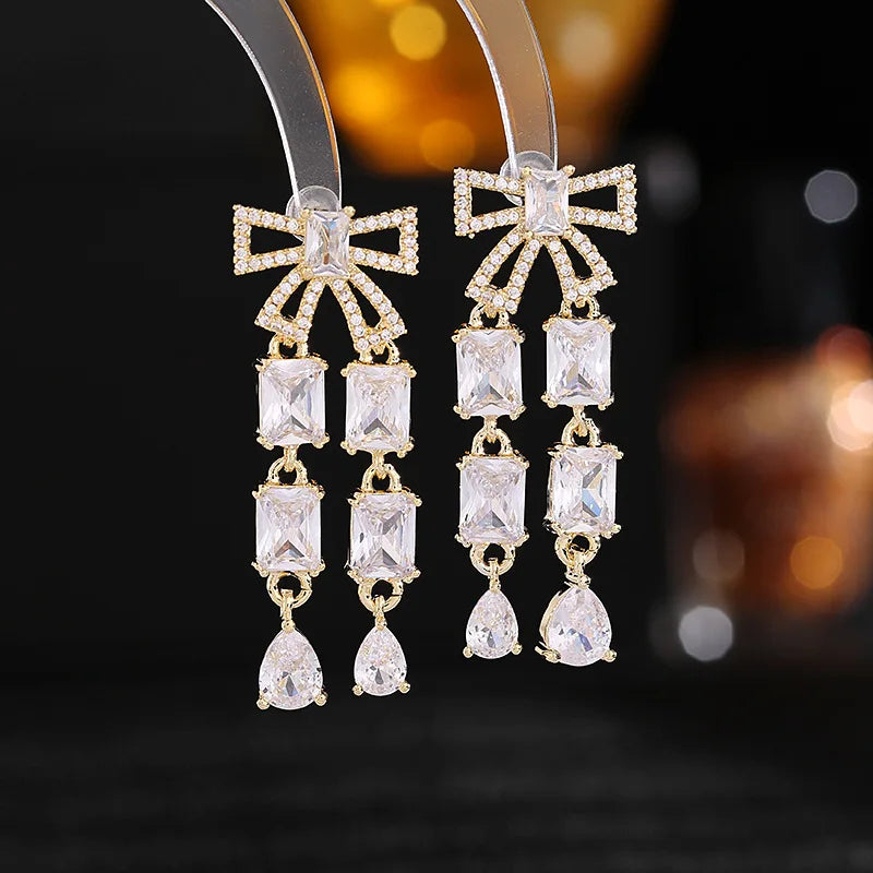 Bilincolor Fashionable Zircon Mosaic Bowknot Long Tassel Earrings for Gift for Black Friday