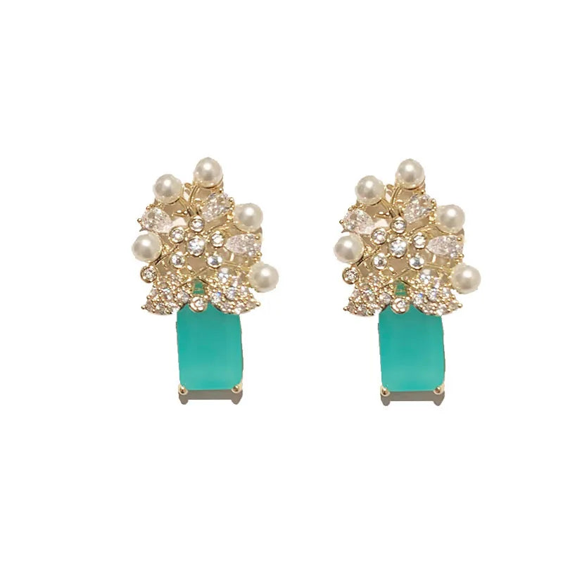 Bilincolor Light Luxury Hollow  Frosted Green Flower Pearl Earrings  for Wedding or Party