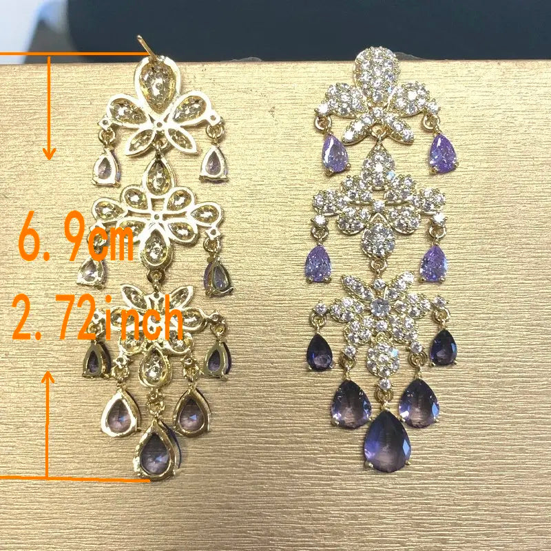 Bilincolor   Micro Set Zircon Flower Tassel Water Drop Earrings for Women