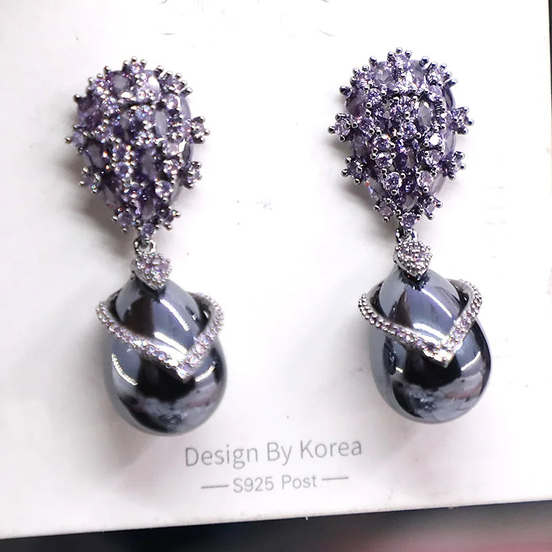 Bilincolor Luxury Zircon Drop Pearl Earrings  for Wedding or Party