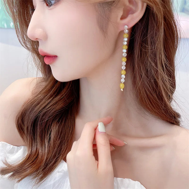 Bilincolor Korean Version Zircon Bead Chain Long Earrings for Wedding or Party