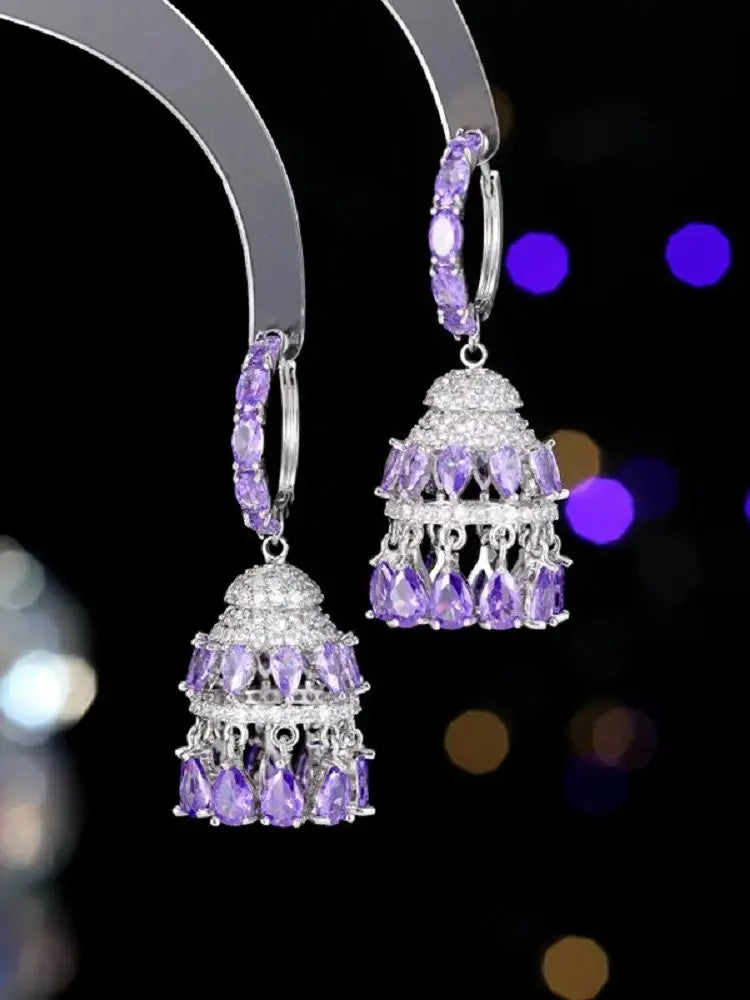 Bilincolor Luxury Heavy Industry Palace Zircon Inlaid Water Drop Tassel 3D Wind Chime Earrings for Women