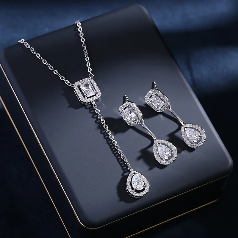 Bilincolor New Square Water Drop Zircon Earrings Collar Chain Jewelry Set for Gift