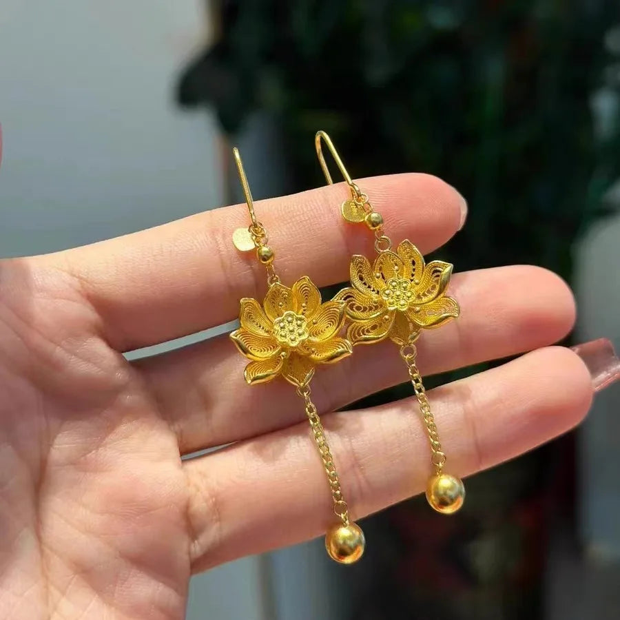 24k Gold Color Lotus Big Flower Long Tassel Earrings for Women Wedding Jewelry Accessories Wholesale Gifts