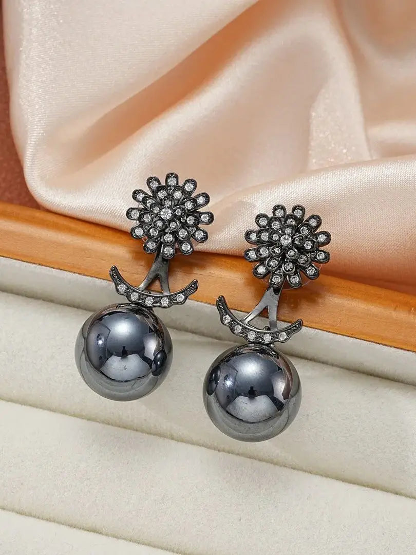 Bilincolor Light Luxury Micro-inlaid Zircon Flower Double-wear Pearl Earrings For Women