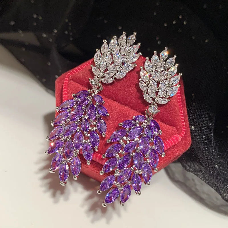 Bilincolor Purple Zircon Leaf Earrings  for Women