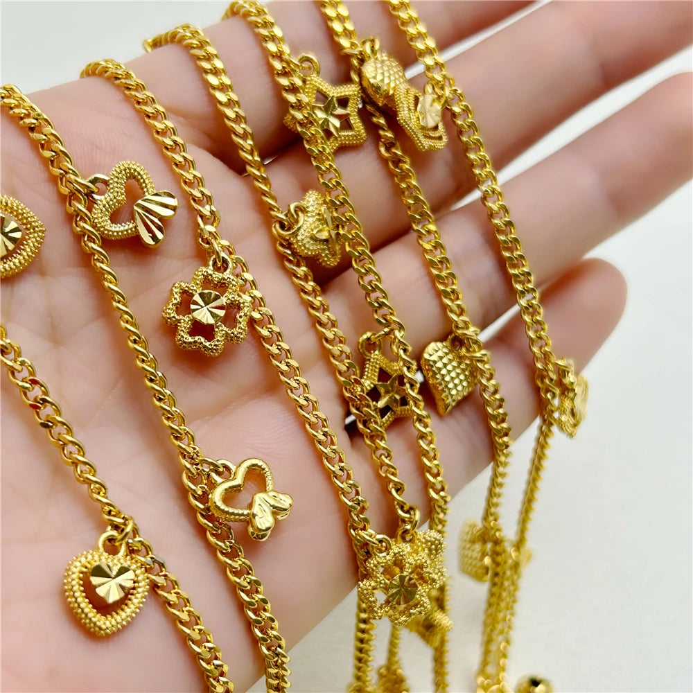 Yellow Gold Color Charm Bracelets For Women Multi Hearts Keys Stars Chain Bracelet Wristband Pulsera Femme Trendy Jewelry Gifts