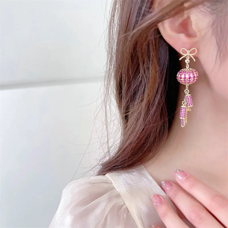 Bilincolor Light Luxury  Red Lantern Zircon Earrings for Wedding or Party