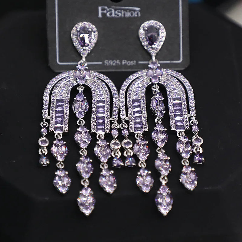 Bilincolor Micro Set Ppurple Zircon Tassel Earrings for Women