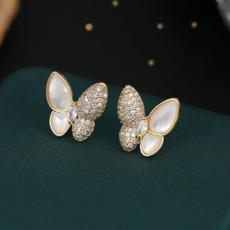 Bilincolor LuxuryZircon Inlaid Natural Fritillaria Butterfly Earrings  for  Wedding or Party