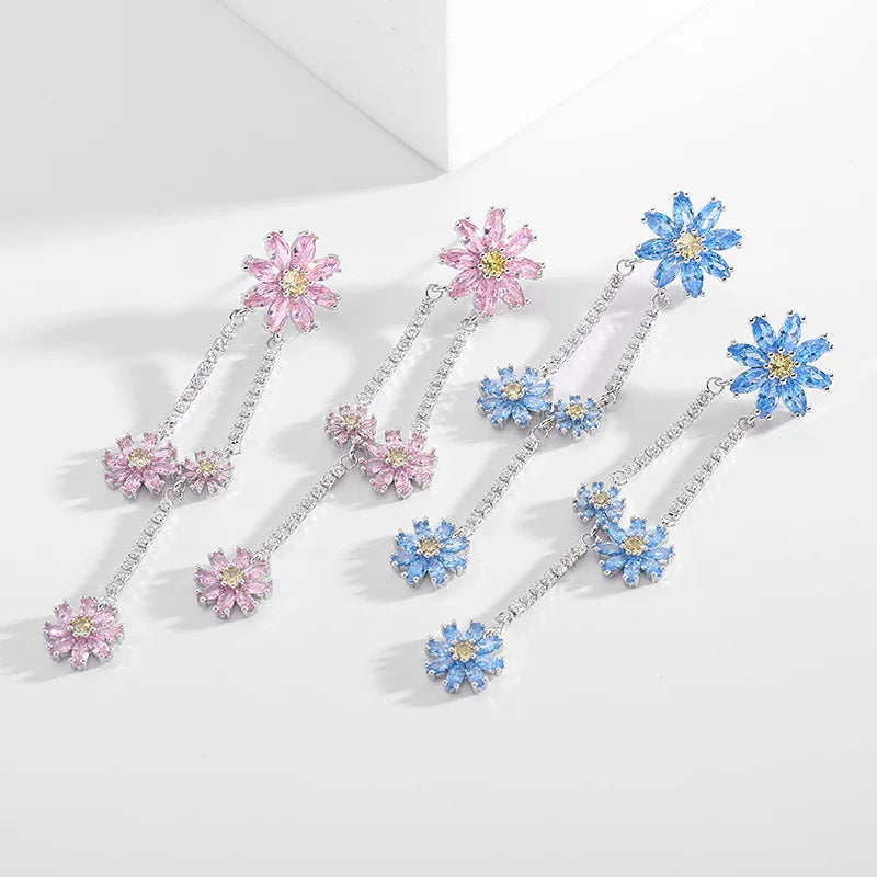 Bilincolor New Luxury Multi-layer Long Blue Zircon Flower Daisy Earrings for Gift