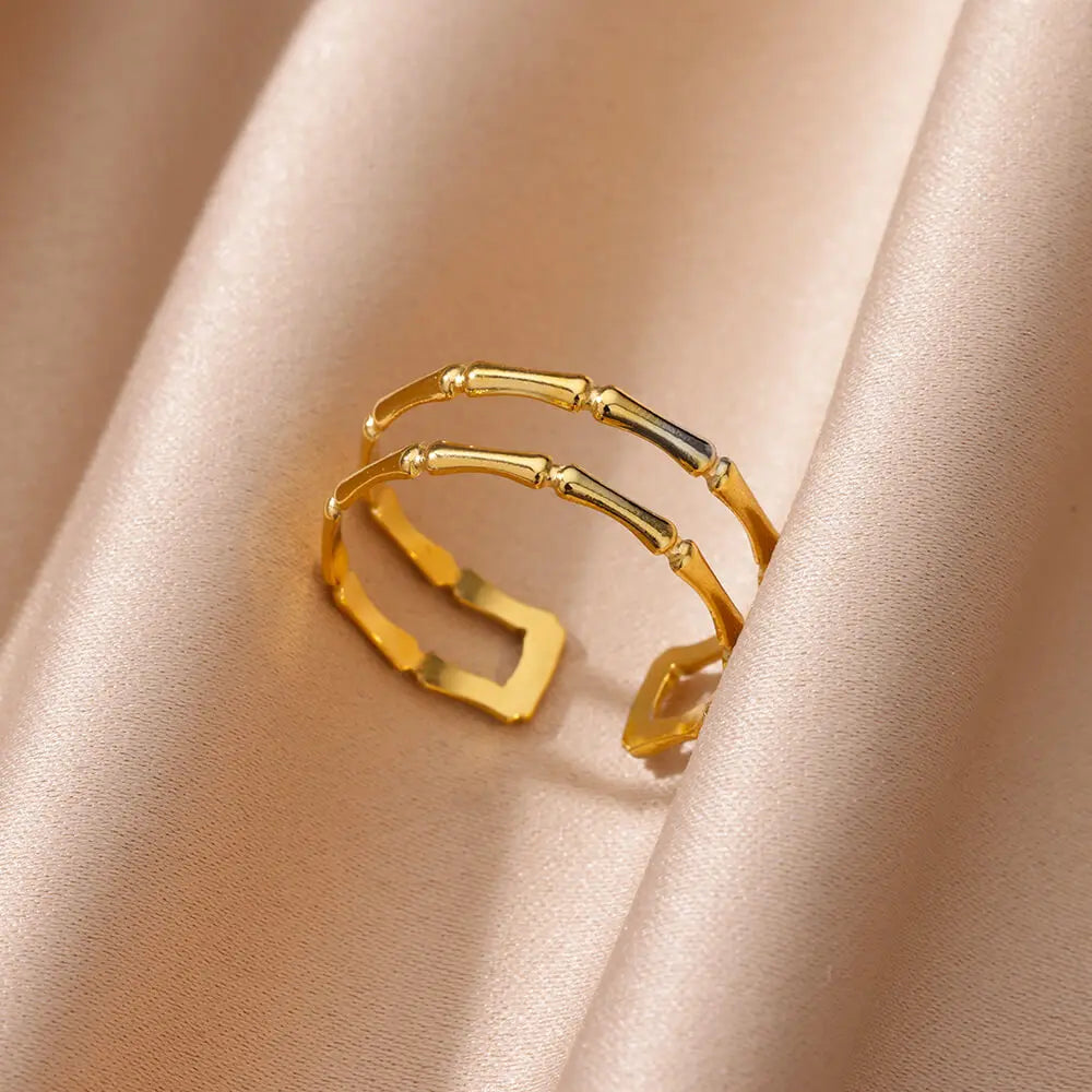 Bamboo Rings for Women Open Adjustable Stainless Steel Ring 2024 Trend Waterproof Aesthetic Party Jewelry Couple Wedding Gifts