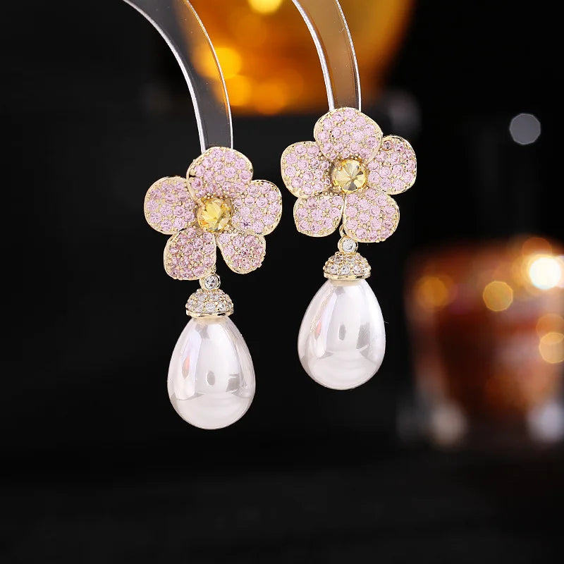 Bilincolor Fashion Pink Flower and White Pearl Earring for Women