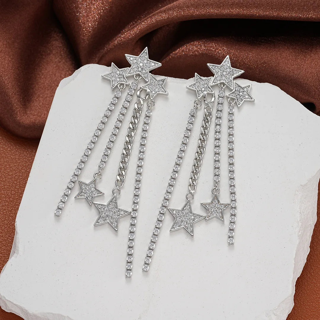 Bilincolor Light Luxury Atmospheric Star Tassel Zircon Earrings For Women