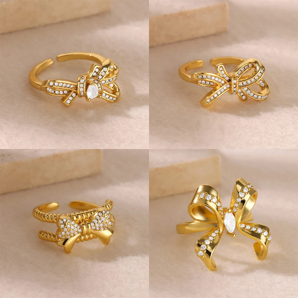 Luxury Design Bow-knot Rings for Women Waterproof Stainless Steel Ring Vintage Zircon Aesthetic Jewelry Finger Accessories mujer