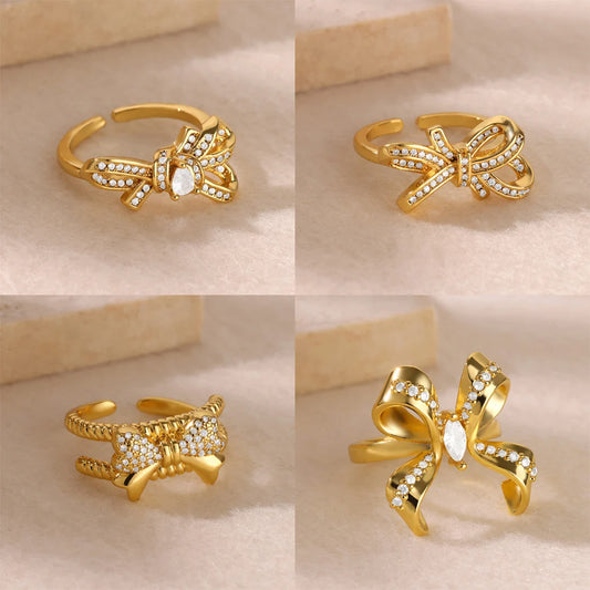 Luxury Design Bow-knot Rings for Women Waterproof Stainless Steel Ring Vintage Zircon Aesthetic Jewelry Finger Accessories mujer