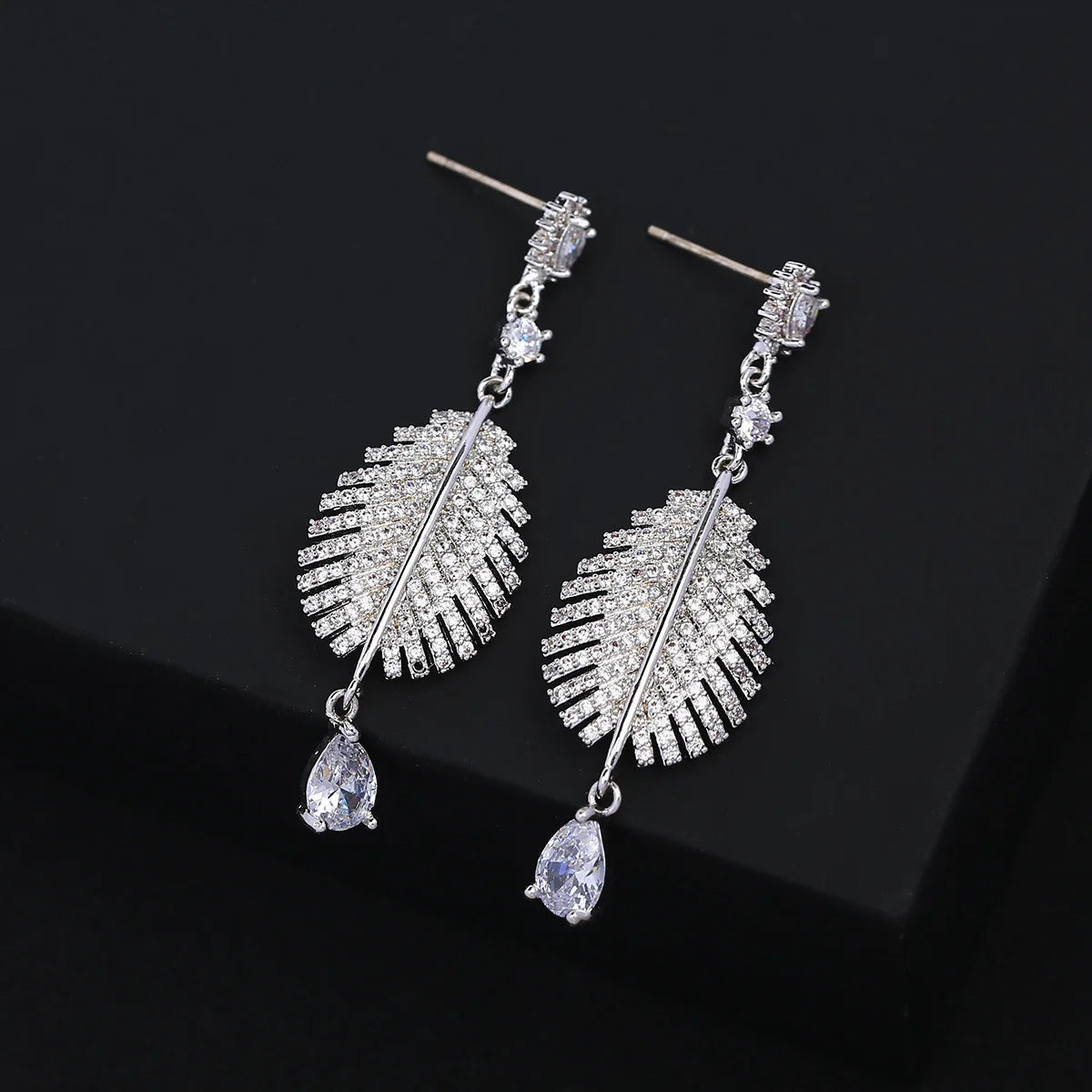 Bilincolor Silvery  Leaf  Zircon Tassel Earrings  for Women